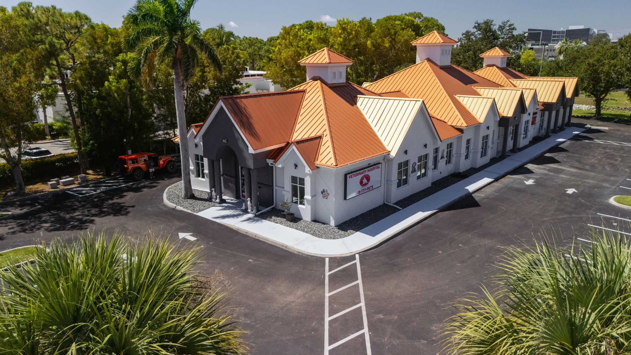 Aerial view of the hospital and copper roofline