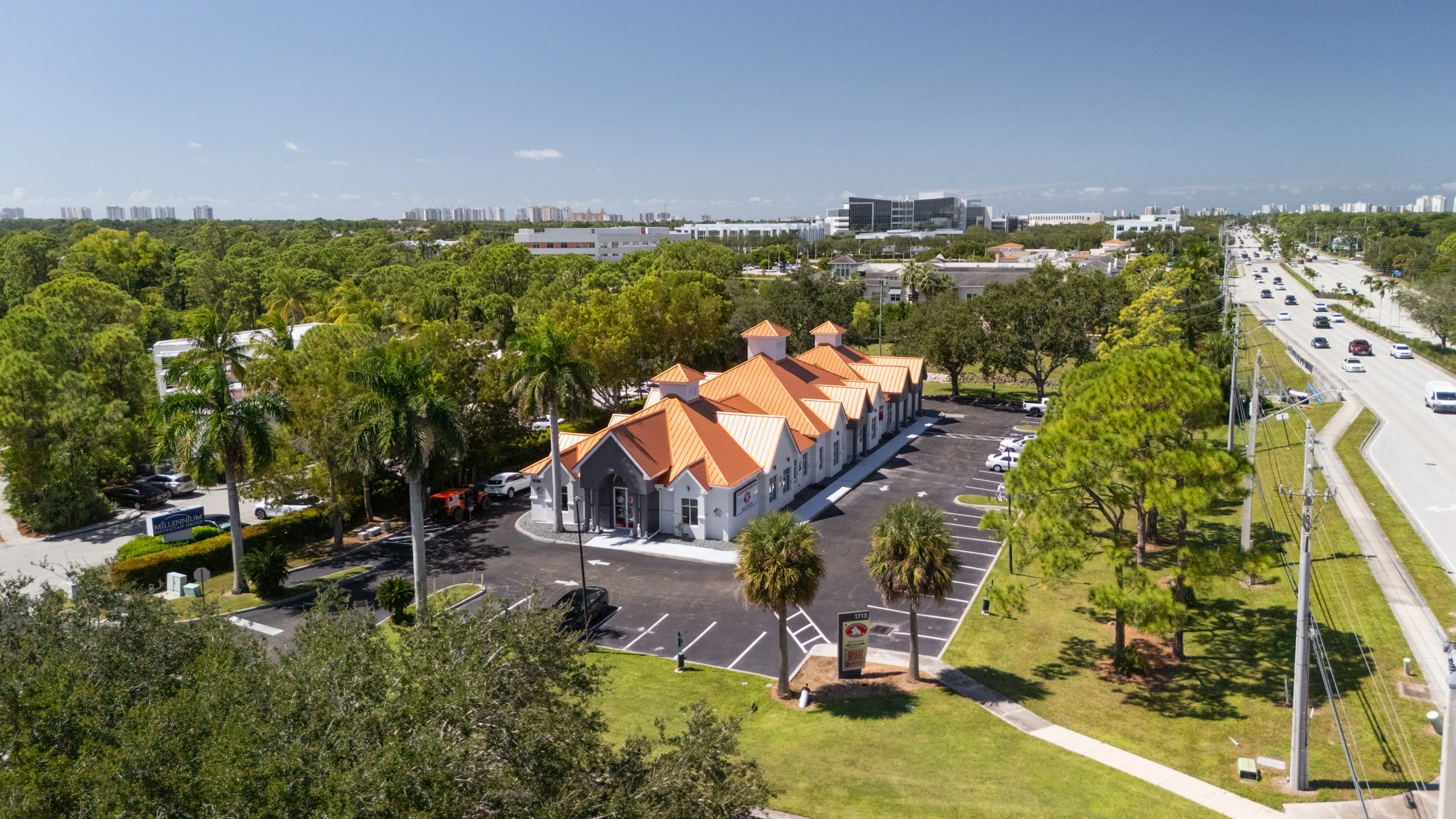 Aerial view of the hospital and parking