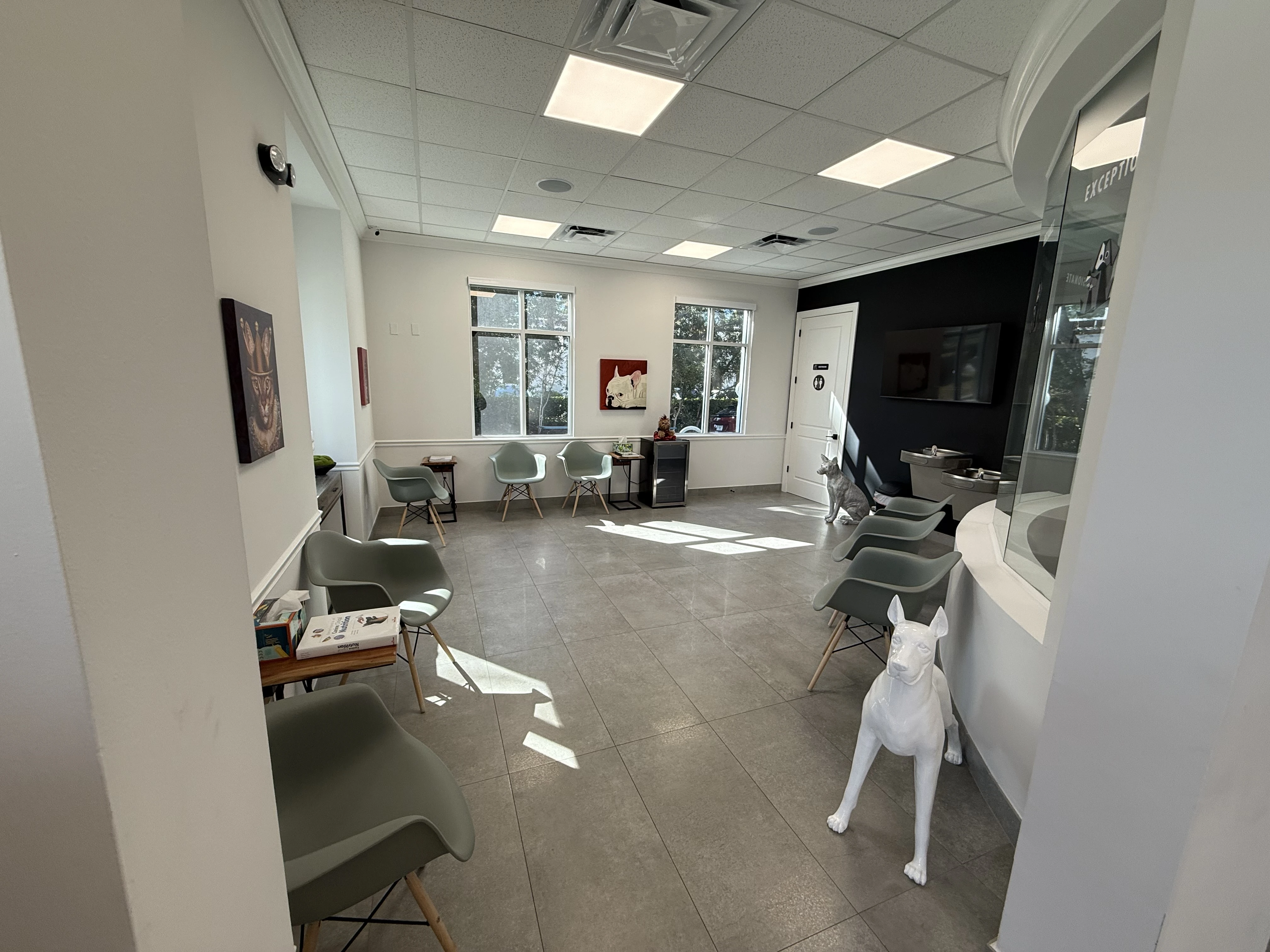 Reception desk with dog statues