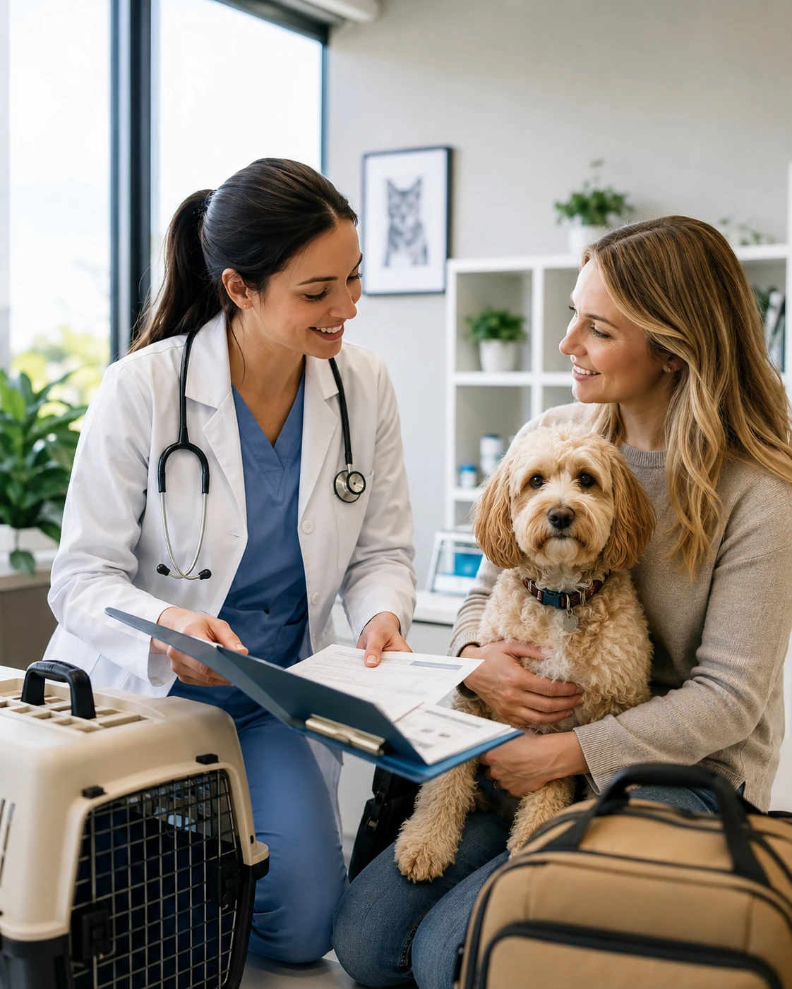 A pet ready to travel with its carrier and documents